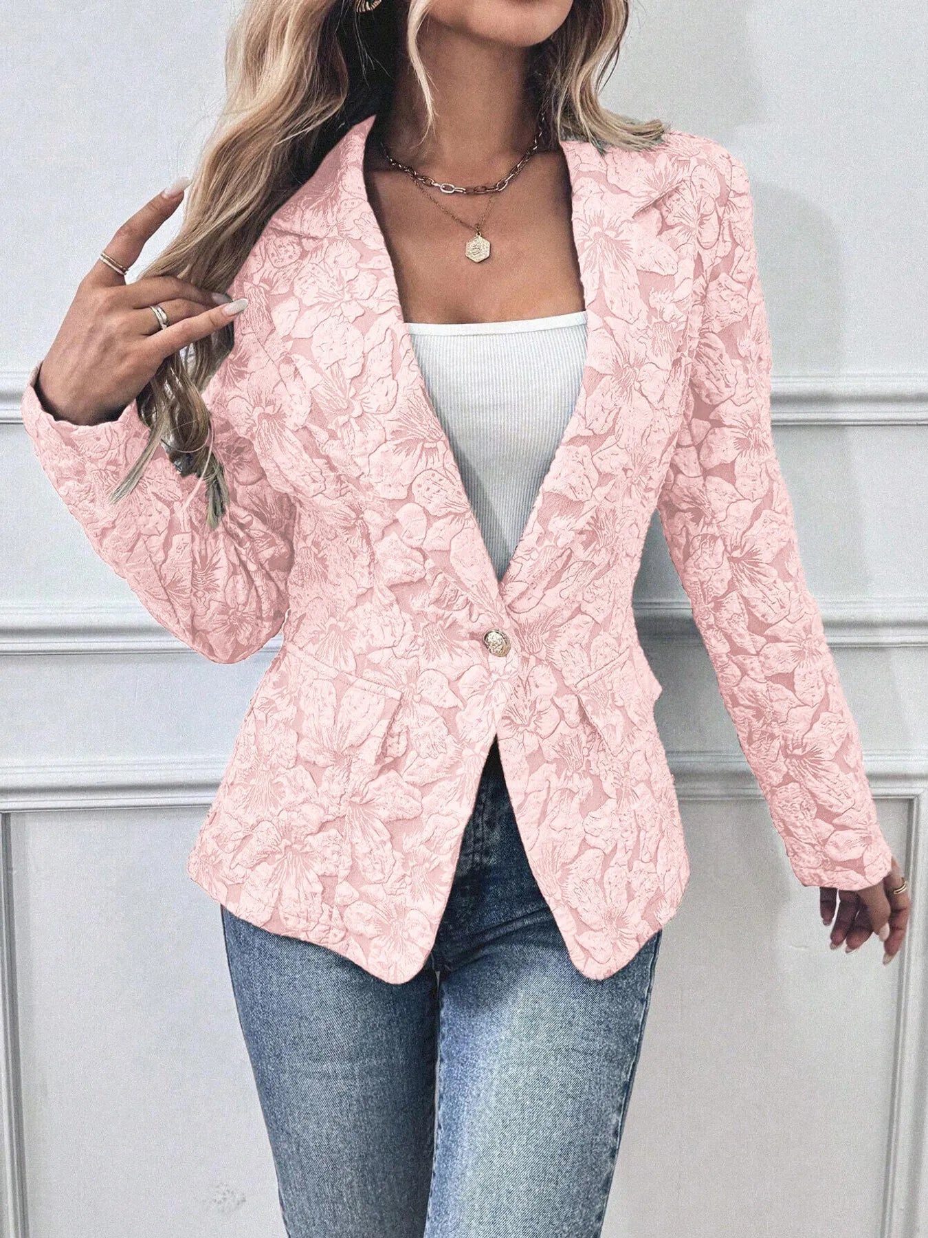 Pink floral single-button blazer with pockets – Rosé Bloom Blazer from A Whimsical Affair.