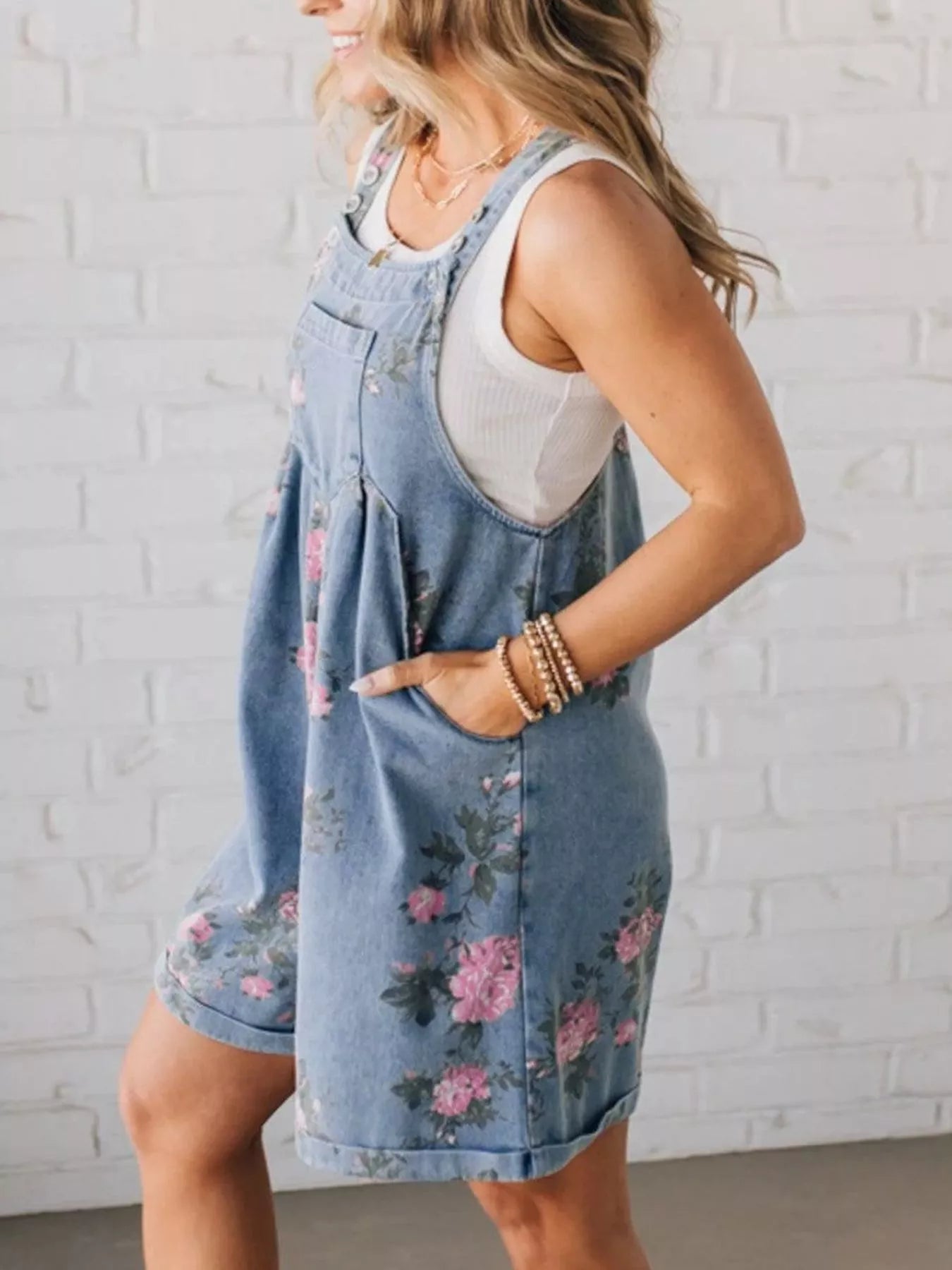 blue floral denim short overalls with pink flowers and relaxed boho fit