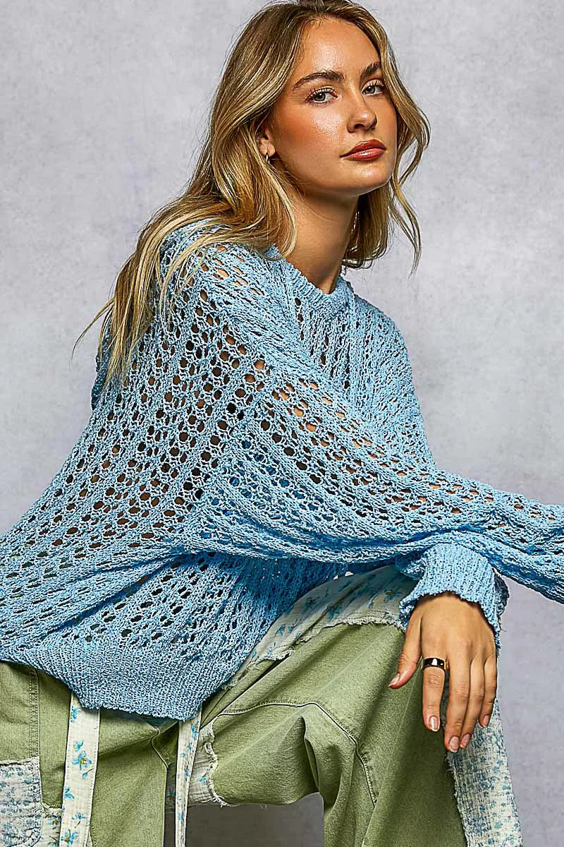 Sky Drift open knit lightweight sweater in soft blue