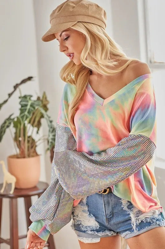 Tie-dye French terry V-neck top with shimmer accents – Stardust Tide style from A Whimsical Affair.