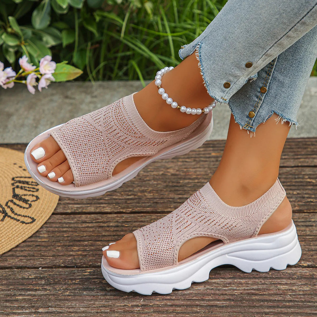 Pink mesh open-toe platform sandals with rhinestones – Starlight style from A Whimsical Affair.
