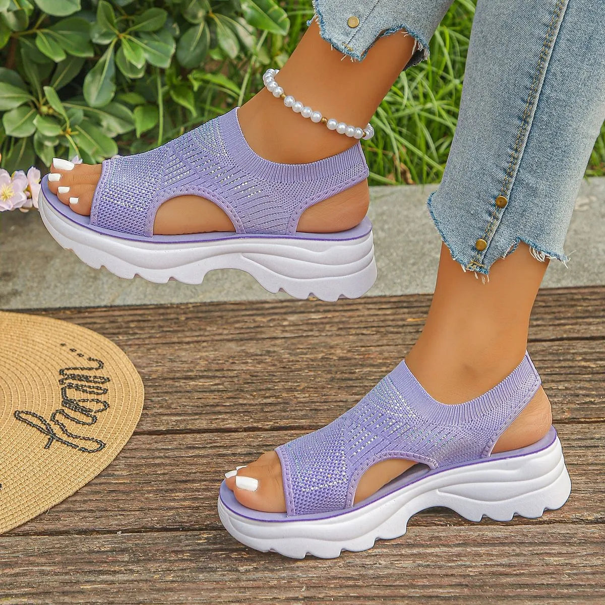 Purple mesh open-toe platform sandals with rhinestones – Starlight style from A Whimsical Affair.