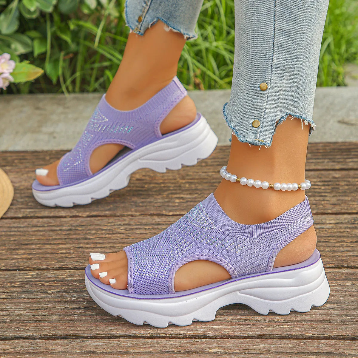 Purple mesh open-toe platform sandals with rhinestones – Starlight style from A Whimsical Affair.