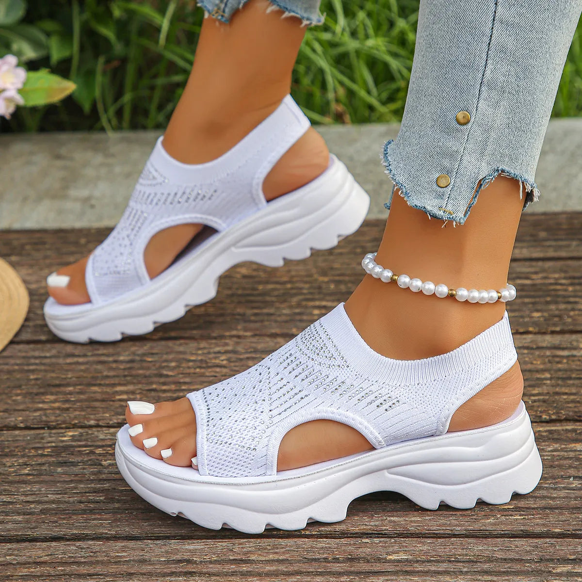 White mesh open-toe platform sandals with rhinestones – Starlight style from A Whimsical Affair.