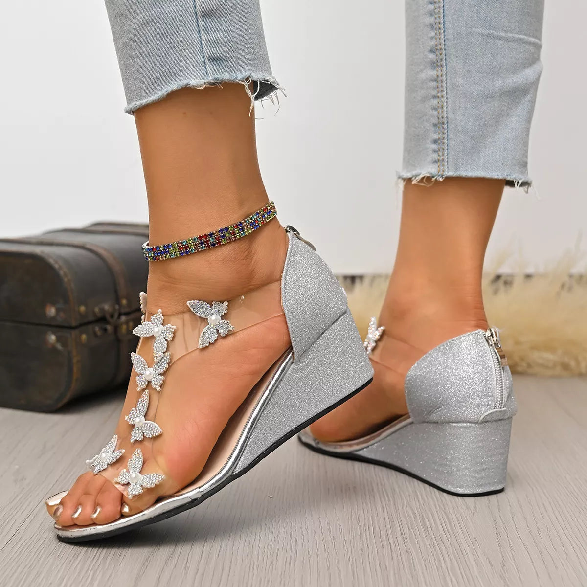 Silver Starlit Winged Wedges with rhinestone butterfly accents