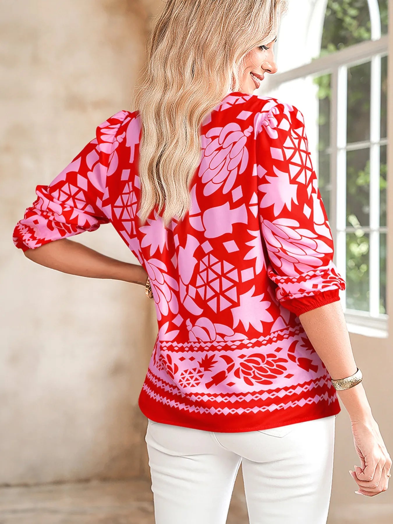 Strawberry-red floral tie-neck button-down blouse with long sleeves – Strawberry Bloom style from A Whimsical Affair.