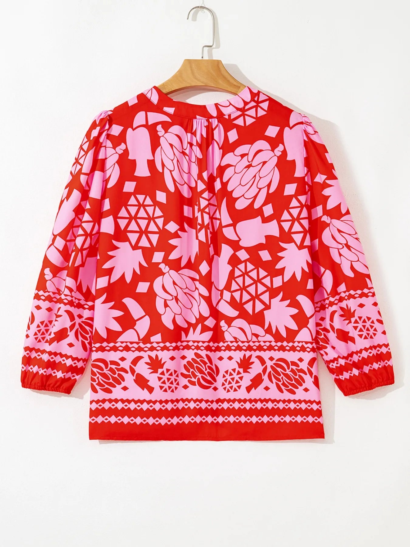 Strawberry-red floral tie-neck button-down blouse with long sleeves – Strawberry Bloom style from A Whimsical Affair.