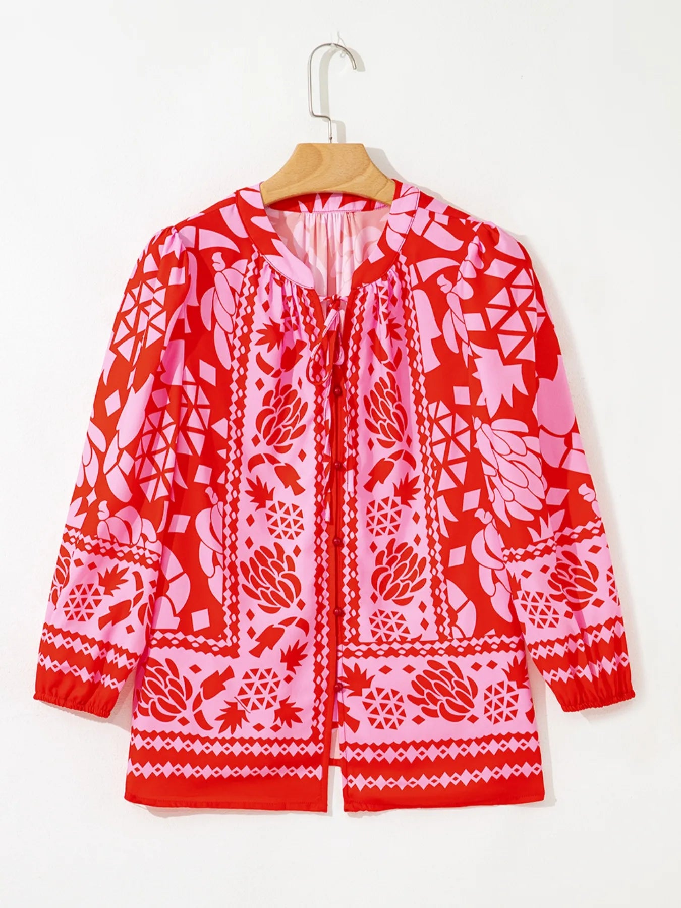 Strawberry-red floral tie-neck button-down blouse with long sleeves – Strawberry Bloom style from A Whimsical Affair.