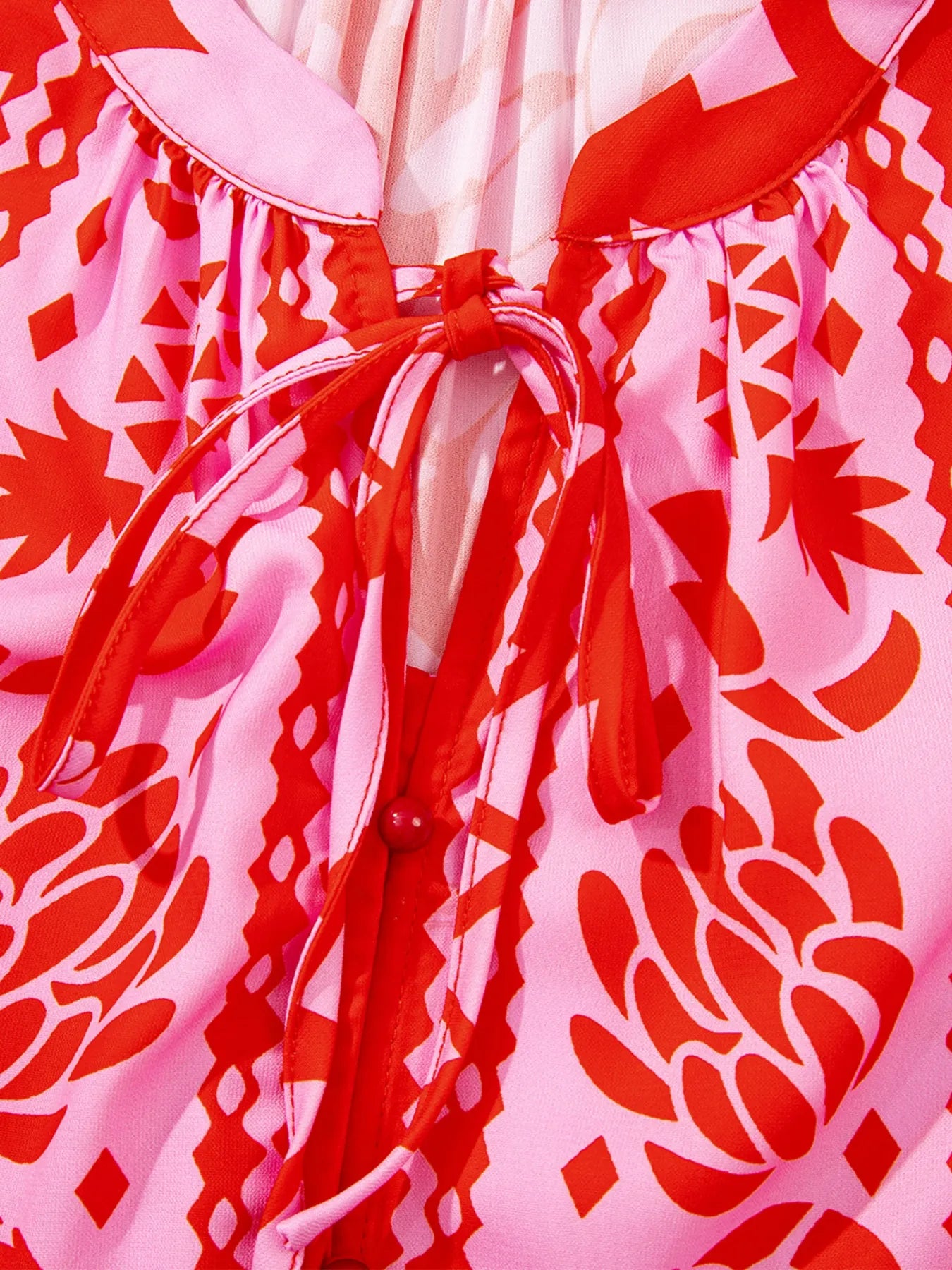 Strawberry-red floral tie-neck button-down blouse with long sleeves – Strawberry Bloom style from A Whimsical Affair.