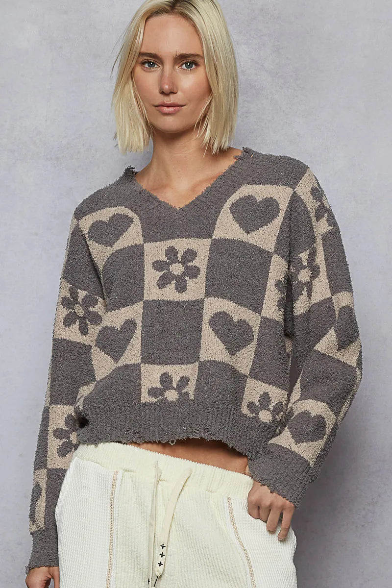 V-neck sweater with heart and checkered pattern – Sweetheart Check style from A Whimsical Affair.
