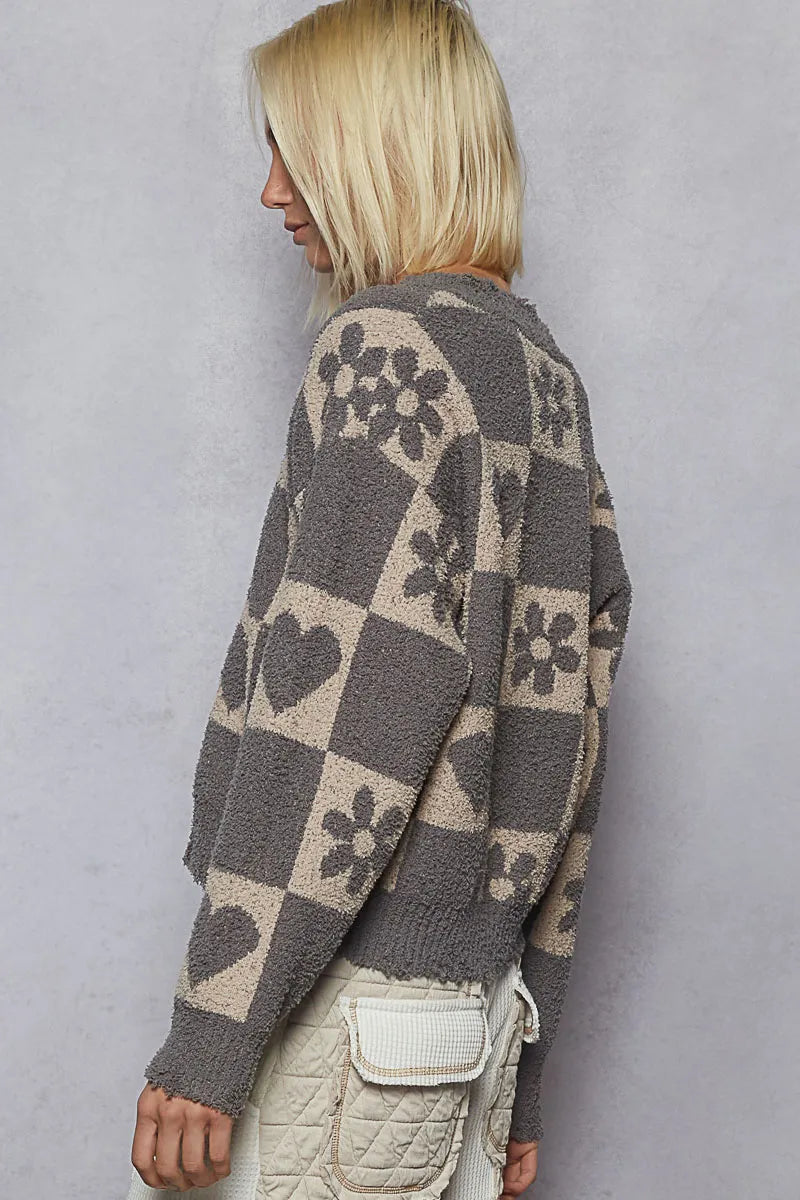 V-neck sweater with heart and checkered pattern – Sweetheart Check style from A Whimsical Affair.