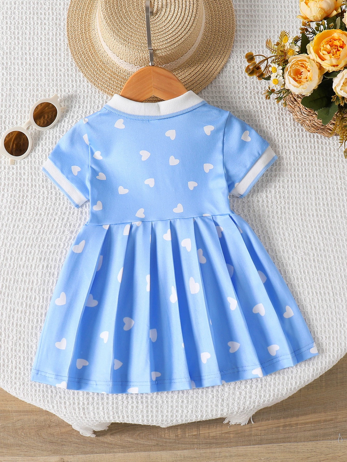 Blue girls dress with white heart print and polo collar