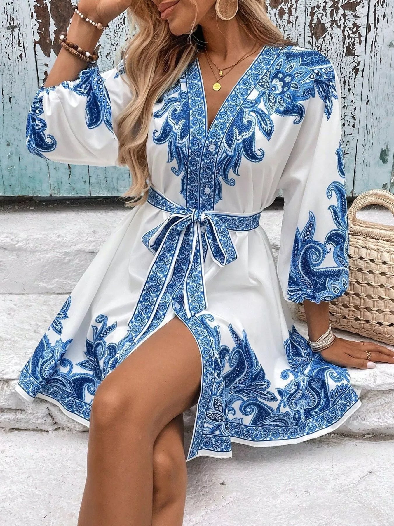 Model wearing blue printed balloon sleeve Timeless Grace Mini Dress