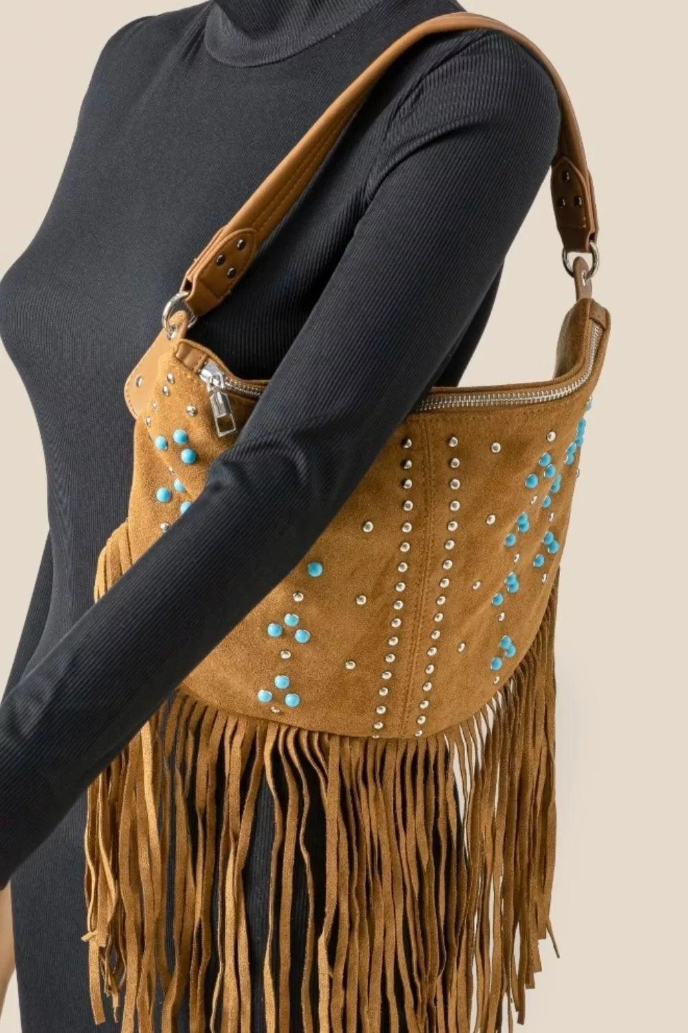 Boho brown fringe shoulder bag with turquoise and silver studs, medium hobo style with adjustable strap