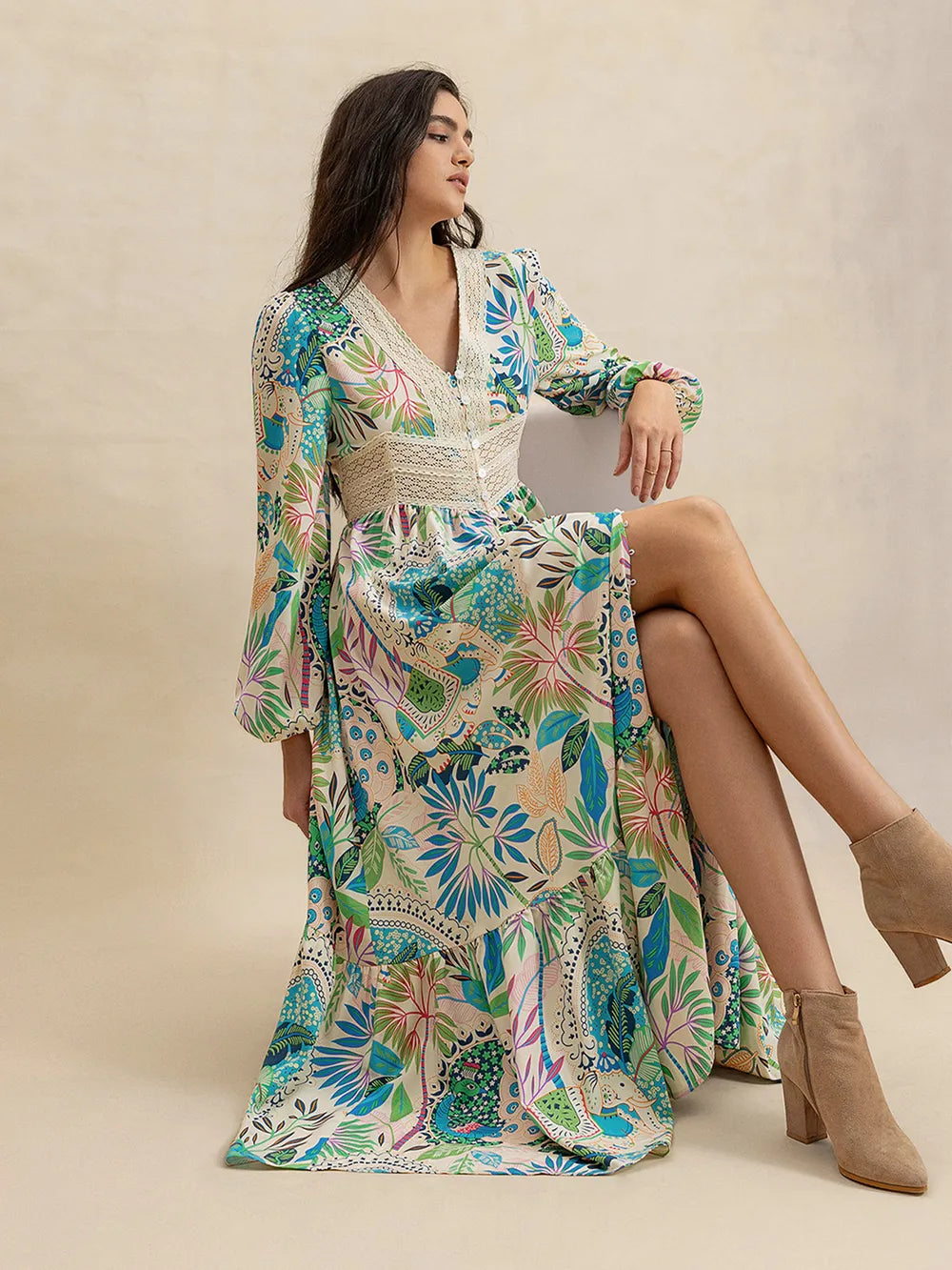 Printed V-neck midi dress with long sleeves, button front, and side slit – Twilight Bloom style from A Whimsical Affair.