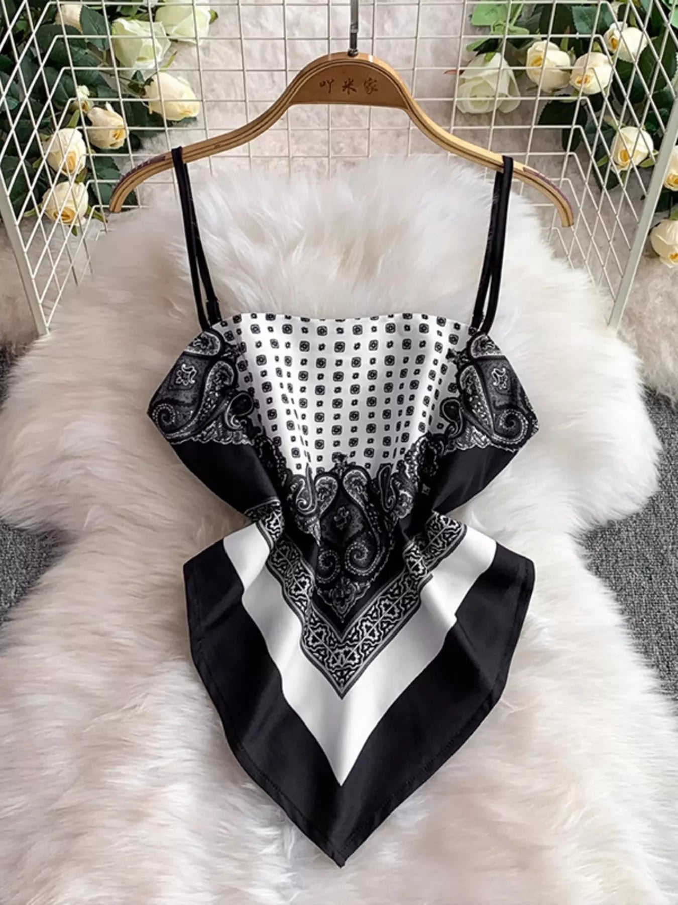 Black printed cami and pants set with tie-back top – Wanderlight style from A Whimsical Affair.