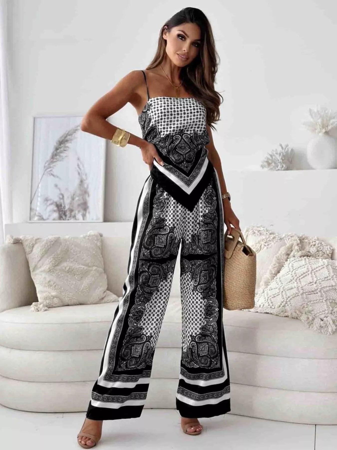 Black printed cami and pants set with tie-back top – Wanderlight style from A Whimsical Affair.