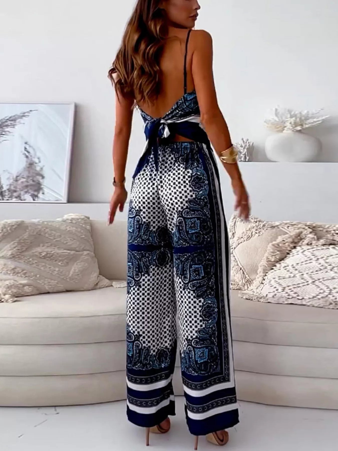 Dark blue printed cami and pants set with tie-back top – Wanderlight style from A Whimsical Affair.