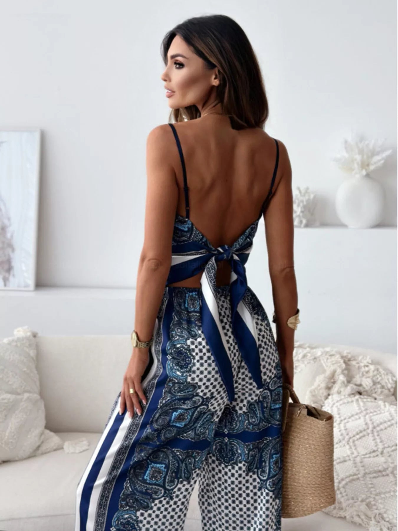 Dark blue printed cami and pants set with tie-back top – Wanderlight style from A Whimsical Affair.