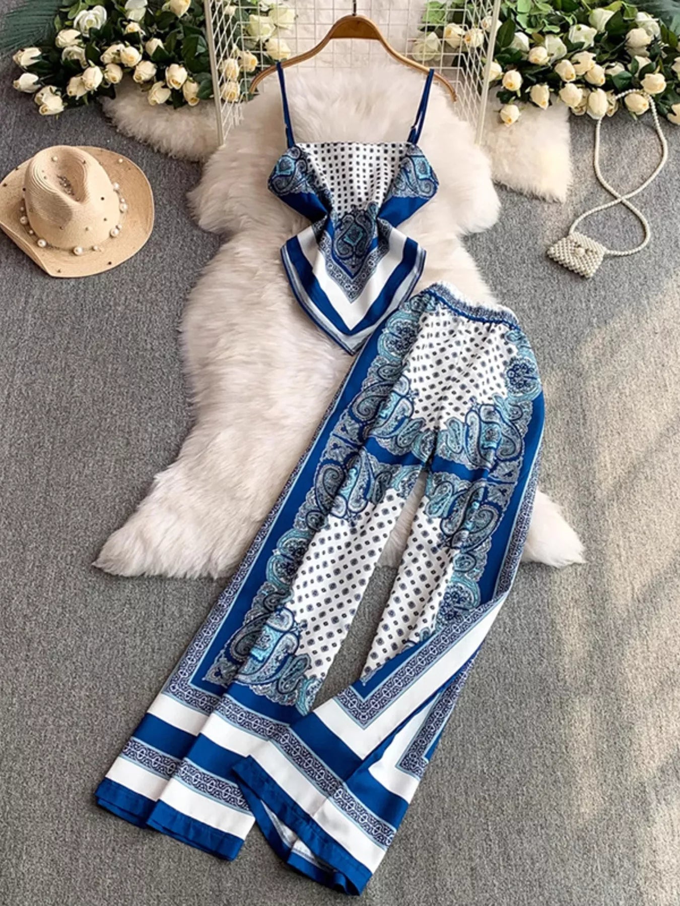 Sky blue printed cami and pants set with tie-back top – Wanderlight style from A Whimsical Affair.