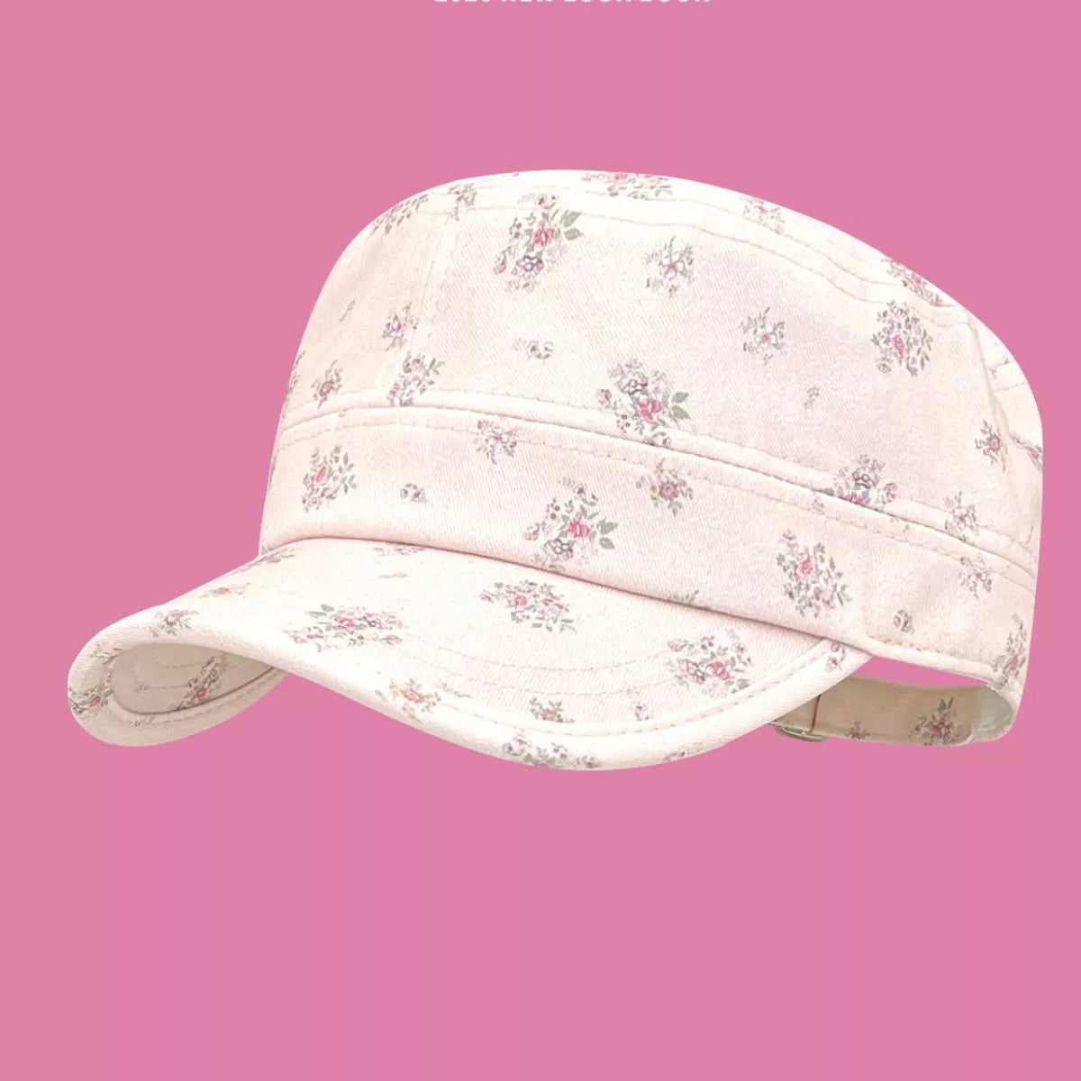 Cream cotton cadet cap with tiny floral print, structured brim, and soft vintage-inspired casual style.