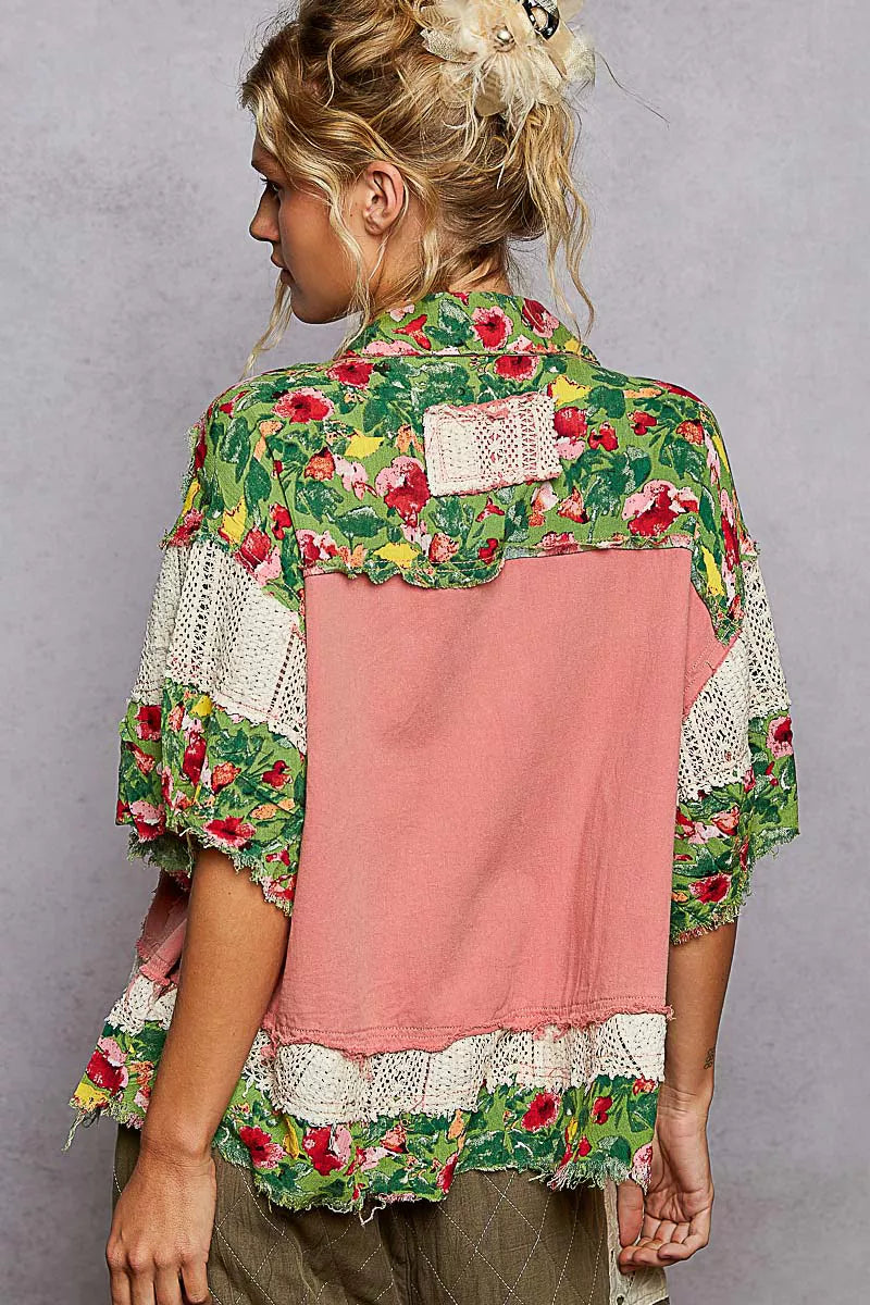 Oversized patchwork shacket with denim, floral print, and crochet lace sleeves – Wildflower Patchwork style from A Whimsical Affair.