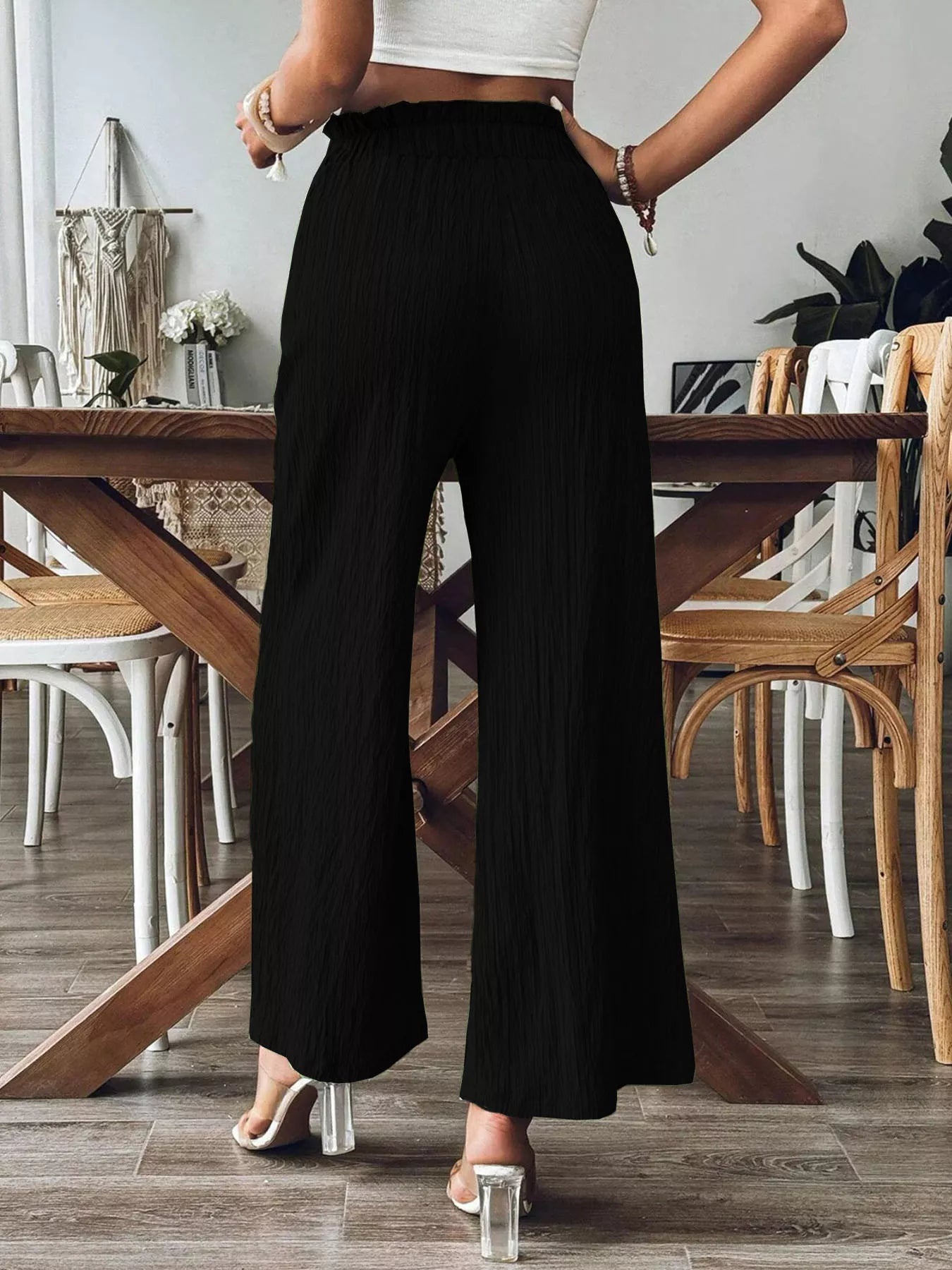 crinkle-textured wide-leg pants with ruched frill waistband and front pockets