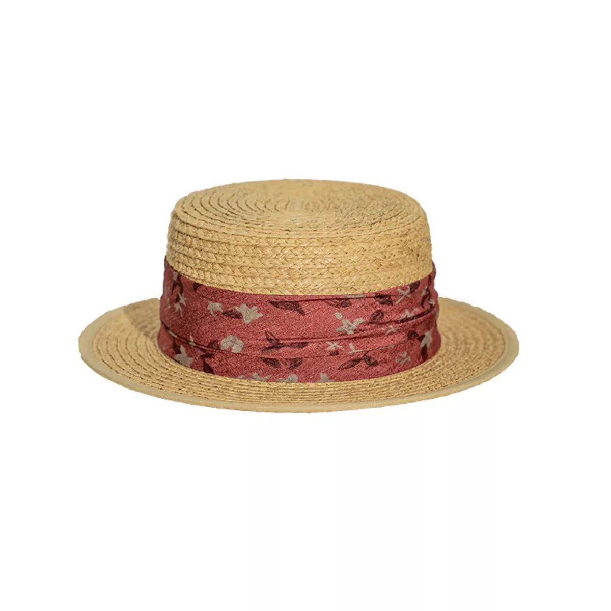 Structured straw hat with floral fabric band and flat brim