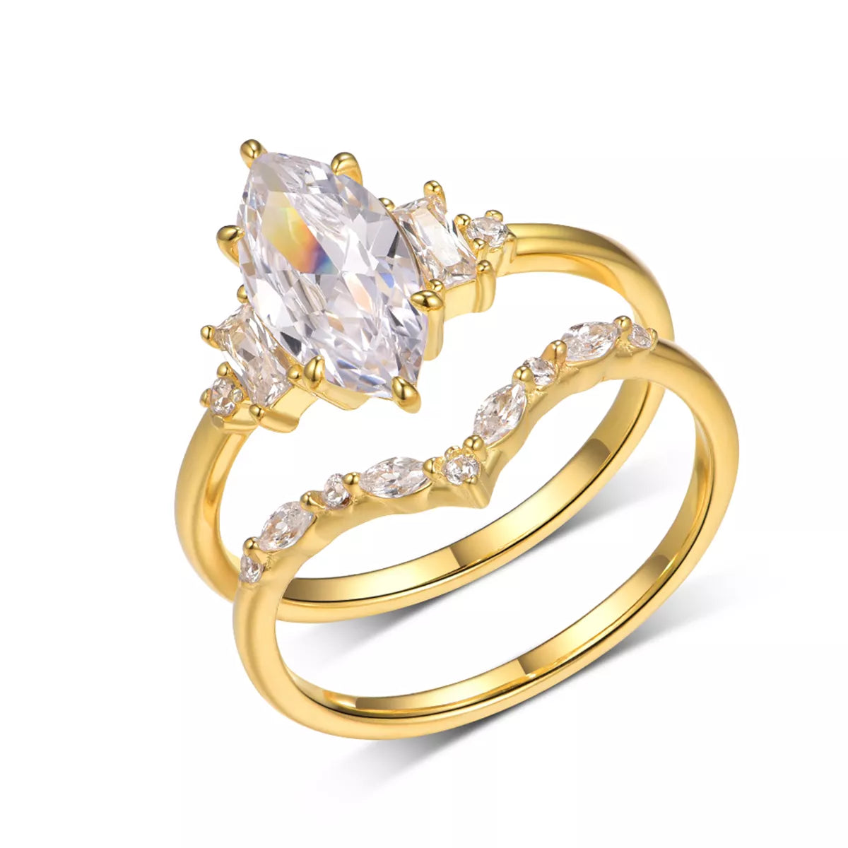 Close-up of a gold-plated two-piece moissanite ring set featuring a marquise-cut center stone with baguette accents and a curved zircon band.