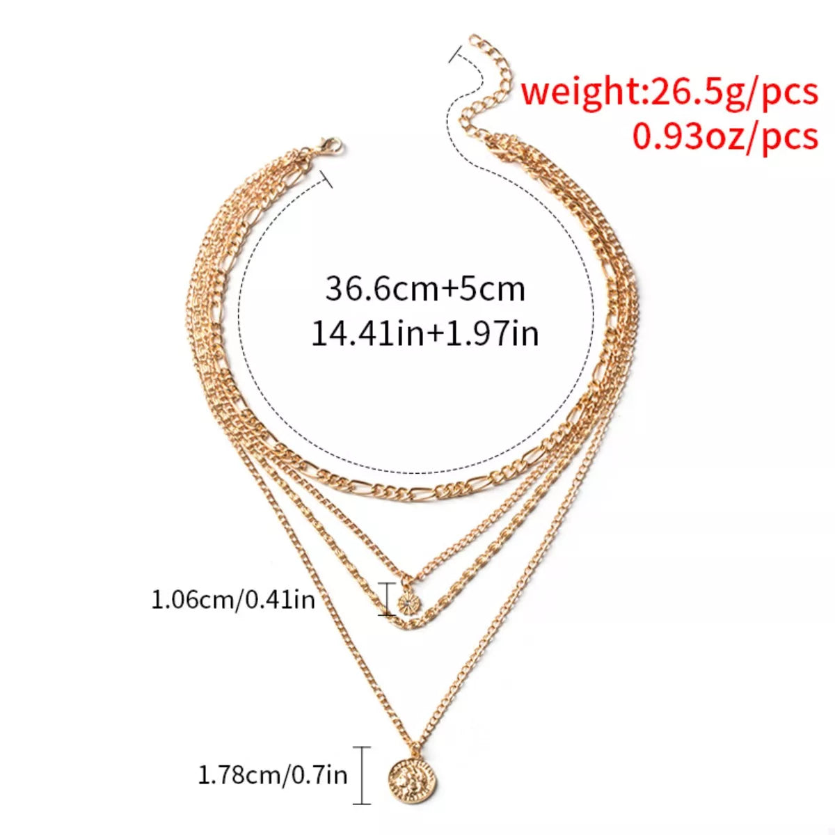 Celestial layered necklace stack with vintage coin charm and radiant sun pendant