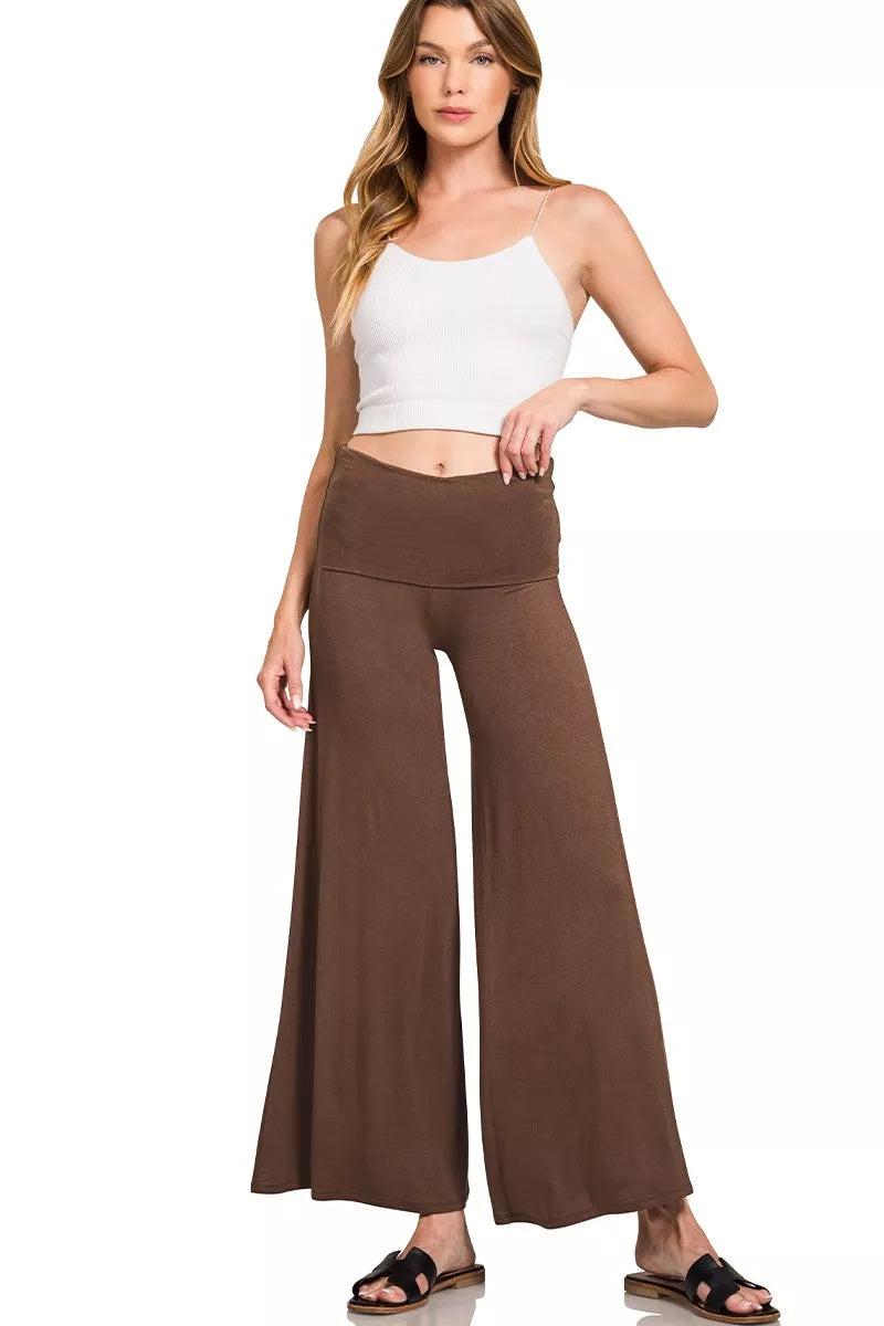 Woman wearing brown fold-over waist wide-leg lounge pants — cozy relaxed fit bottoms from A Whimsical Affair.