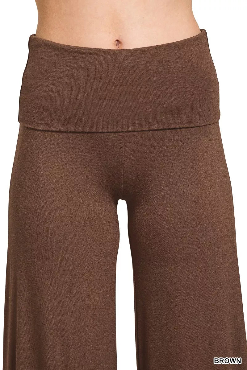 Woman wearing brown fold-over waist wide-leg lounge pants — cozy relaxed fit bottoms from A Whimsical Affair.