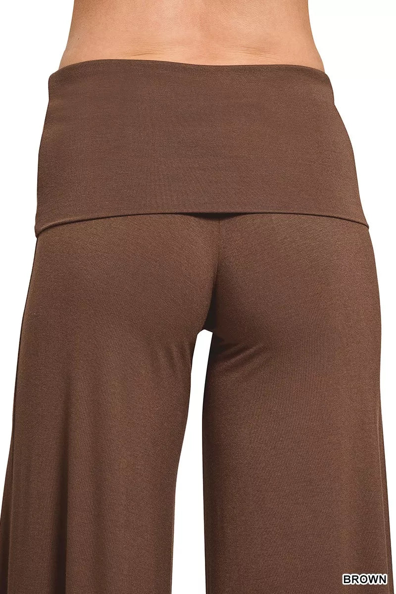 Woman wearing brown fold-over waist wide-leg lounge pants — cozy relaxed fit bottoms from A Whimsical Affair.