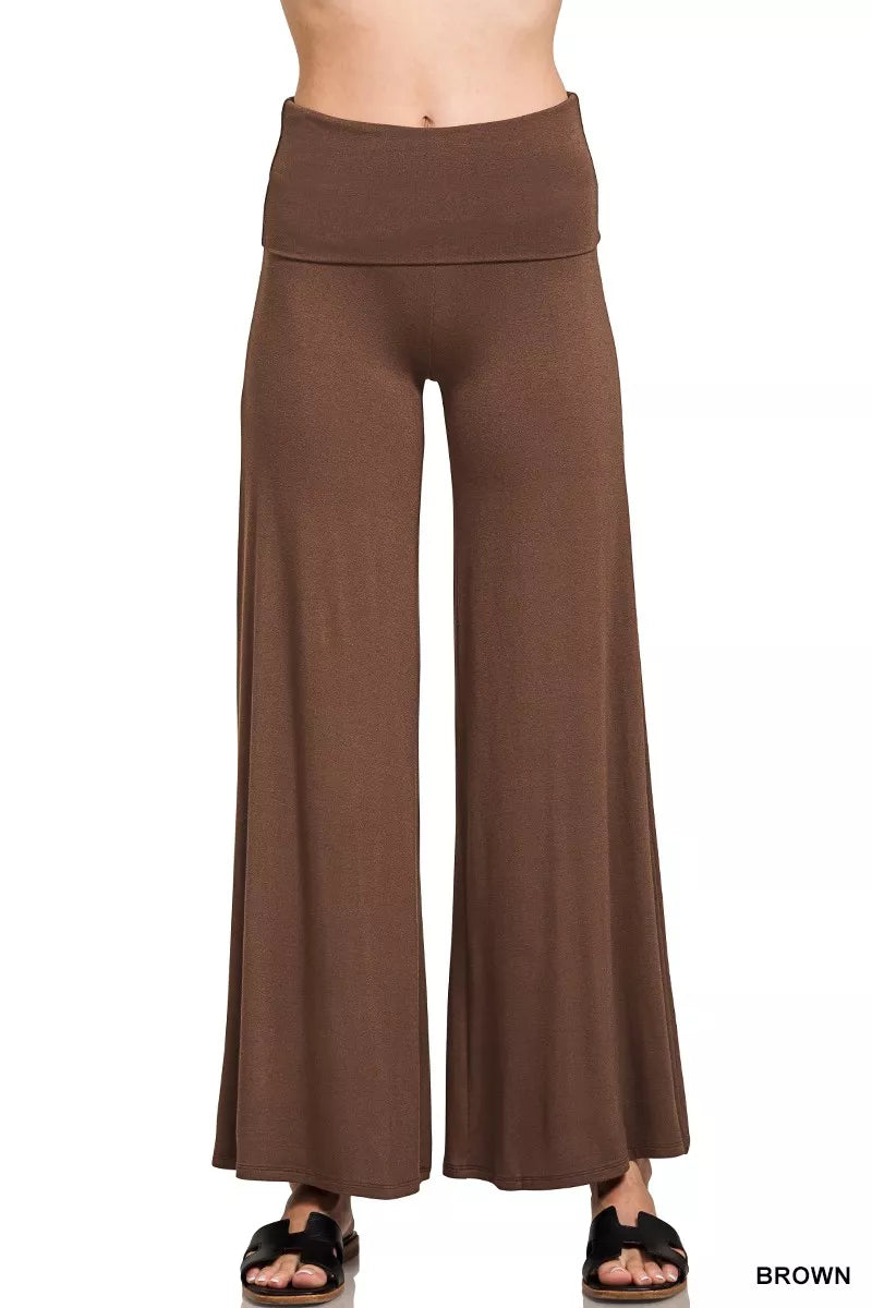 Woman wearing brown fold-over waist wide-leg lounge pants — cozy relaxed fit bottoms from A Whimsical Affair.