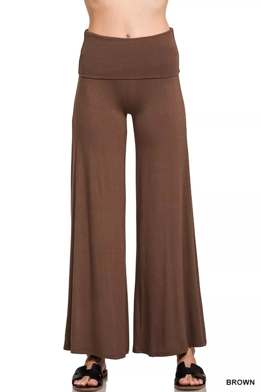 Woman wearing brown fold-over waist wide-leg lounge pants — cozy relaxed fit bottoms from A Whimsical Affair.