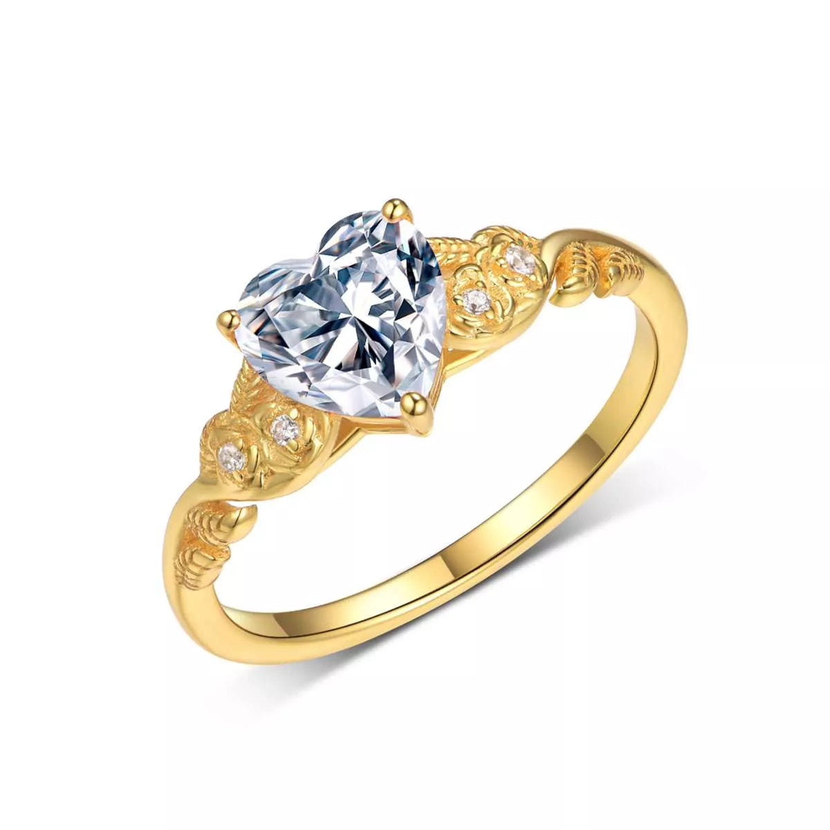Close-up of a gold heart-shaped moissanite ring with zircon accents — romantic fine jewelry piece from A Whimsical Affair.