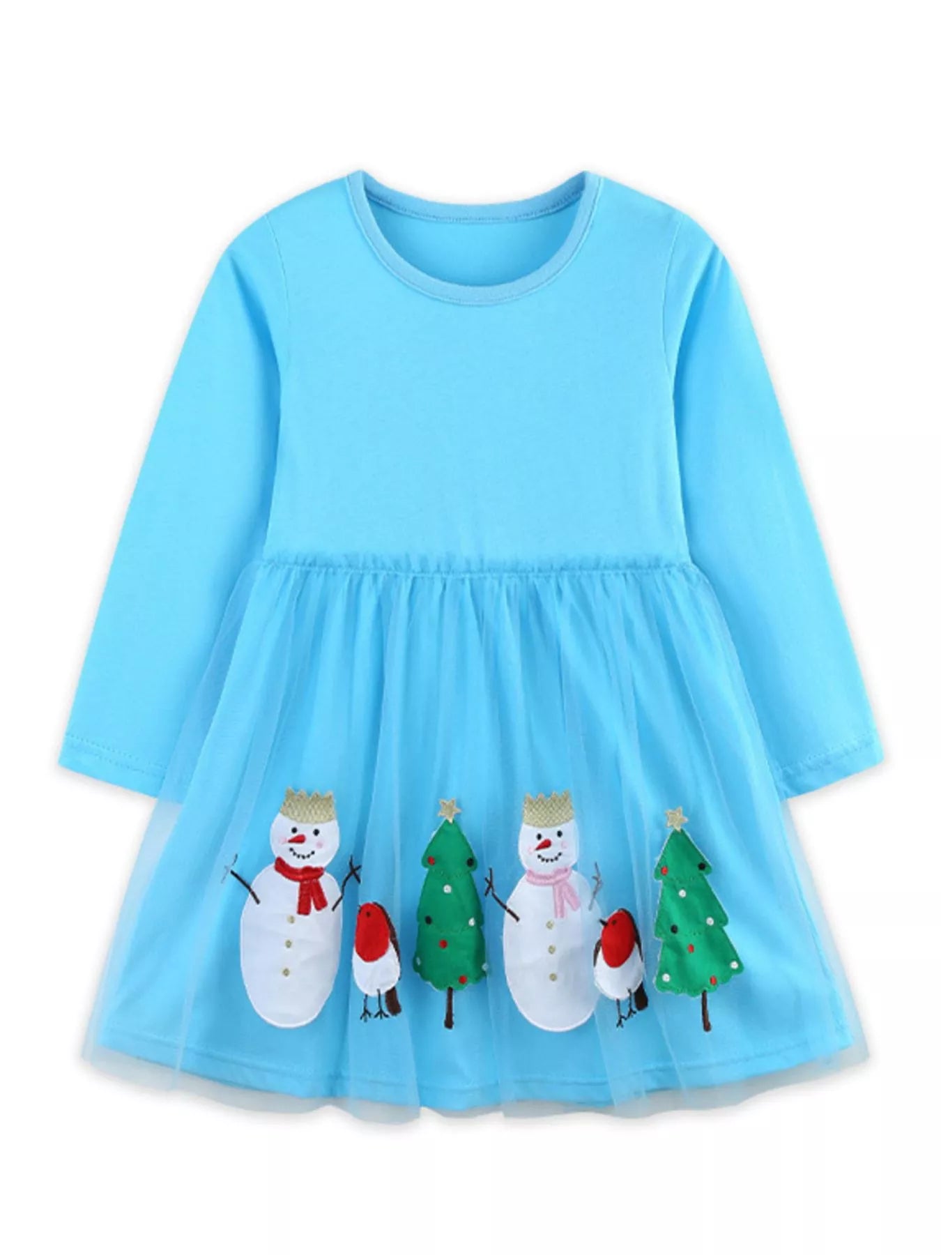 A little girl wearing a light blue long-sleeve dress with snowman, Christmas tree, and bird appliqués on a mesh skirt overlay.