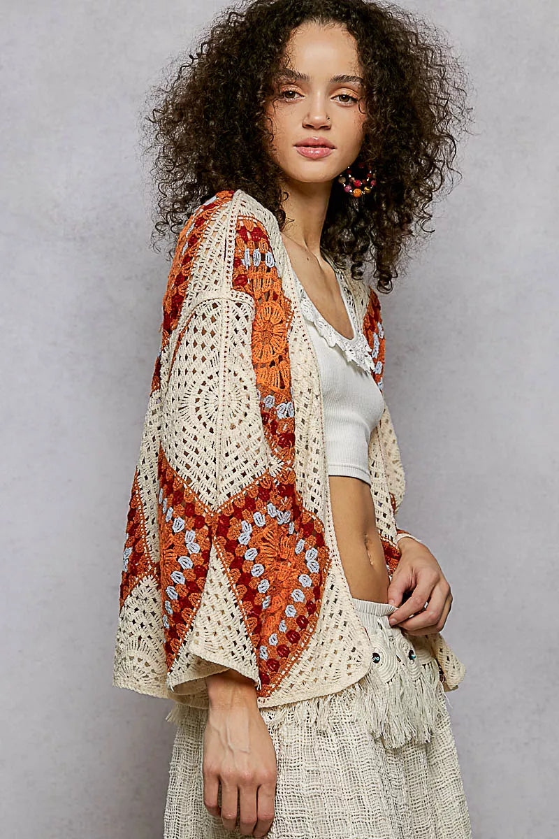 Bohemian crochet cardigan with earthy tones