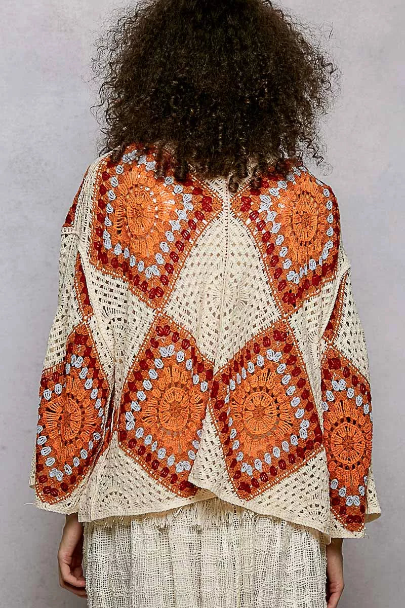 Bohemian crochet cardigan with earthy tones