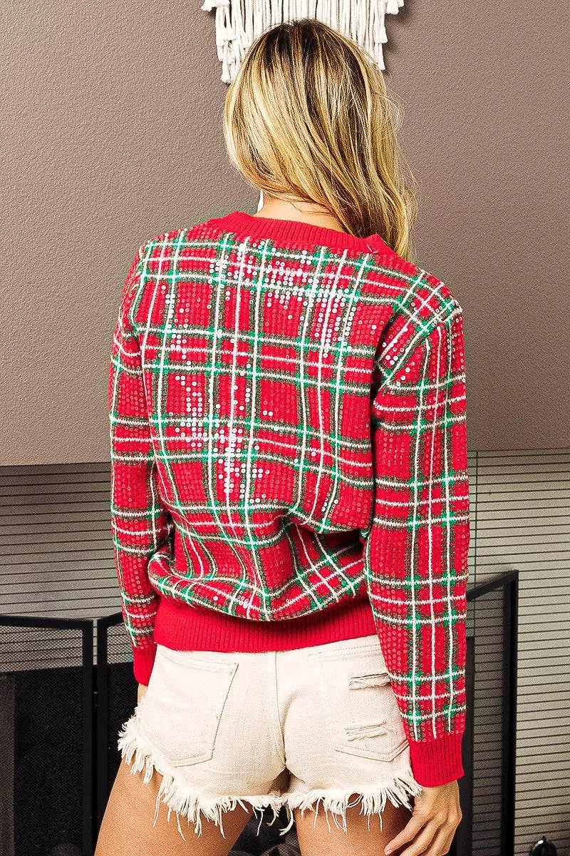 Red and green plaid sequin Christmas sweater with ribbed cuffs