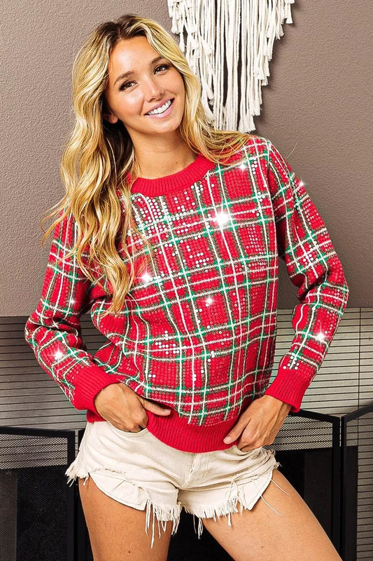 Red and green plaid sequin Christmas sweater with ribbed cuffs