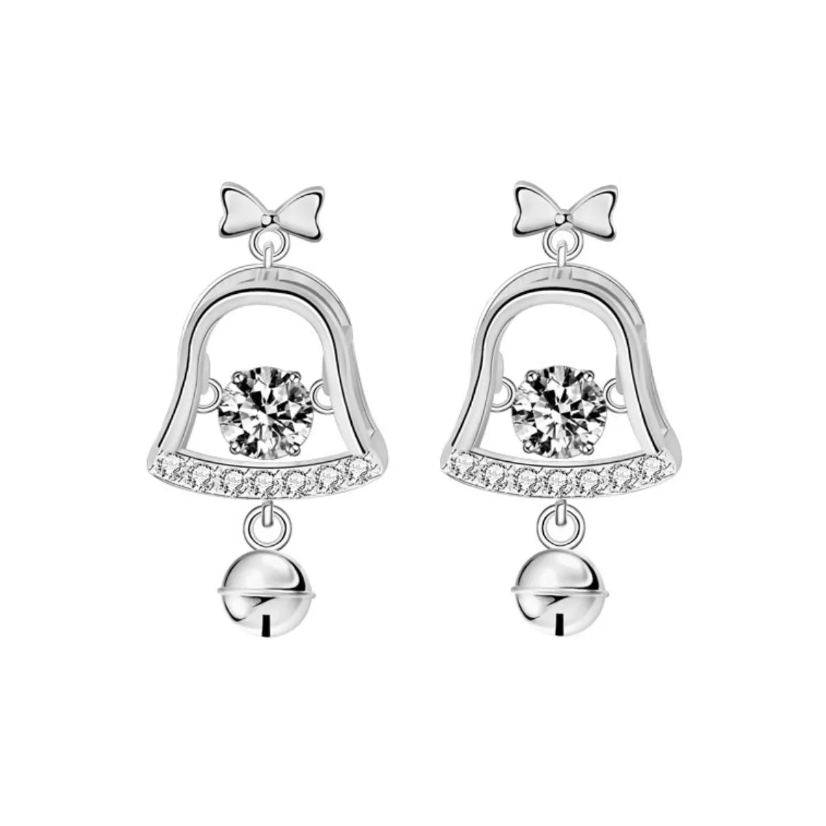 Pair of platinum-plated sterling silver bell earrings with 0.5ct moissanite center stones and dangling jingle bells.