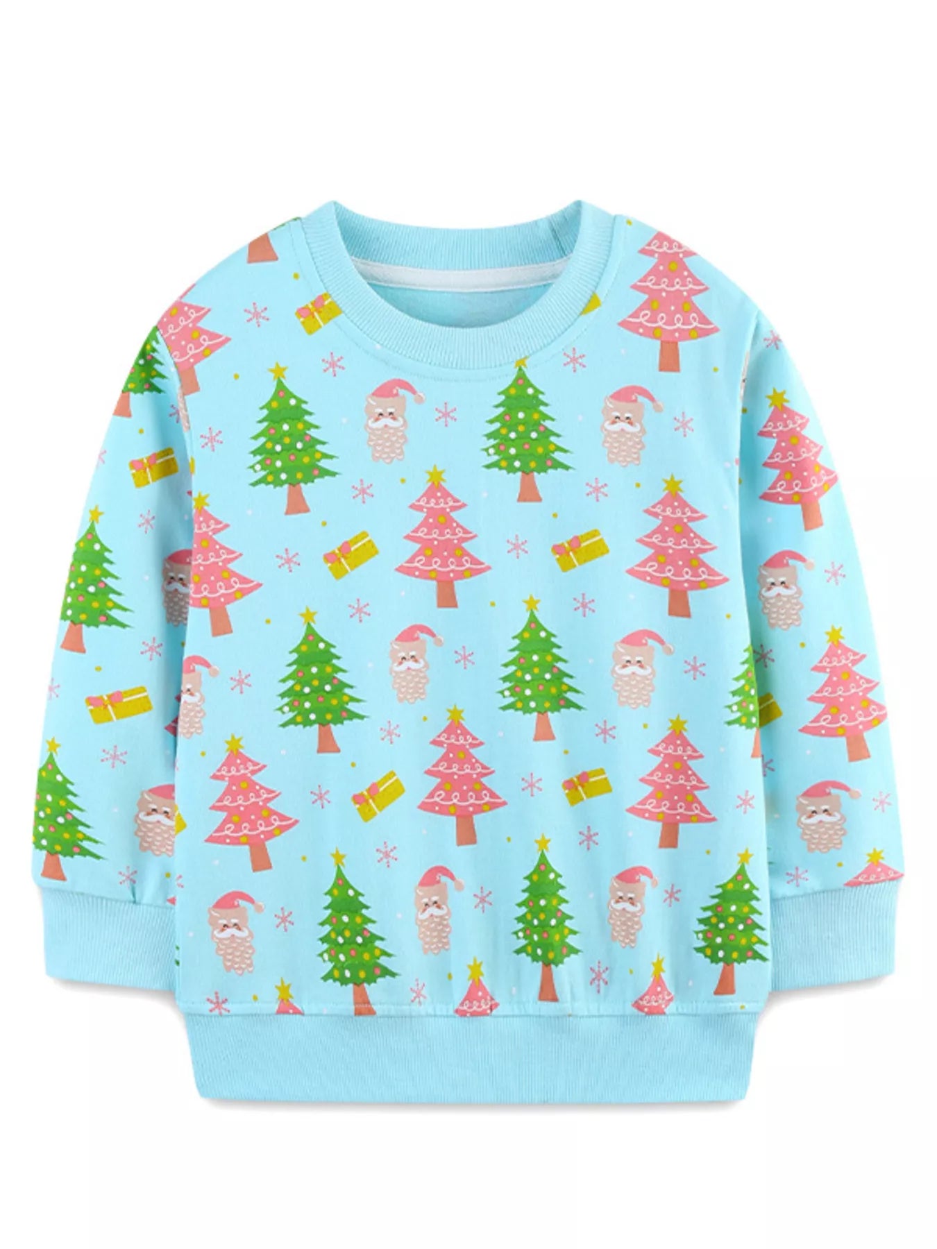 A light blue kids sweatshirt decorated with Santa faces, Christmas trees, and gift illustrations for a festive holiday look.