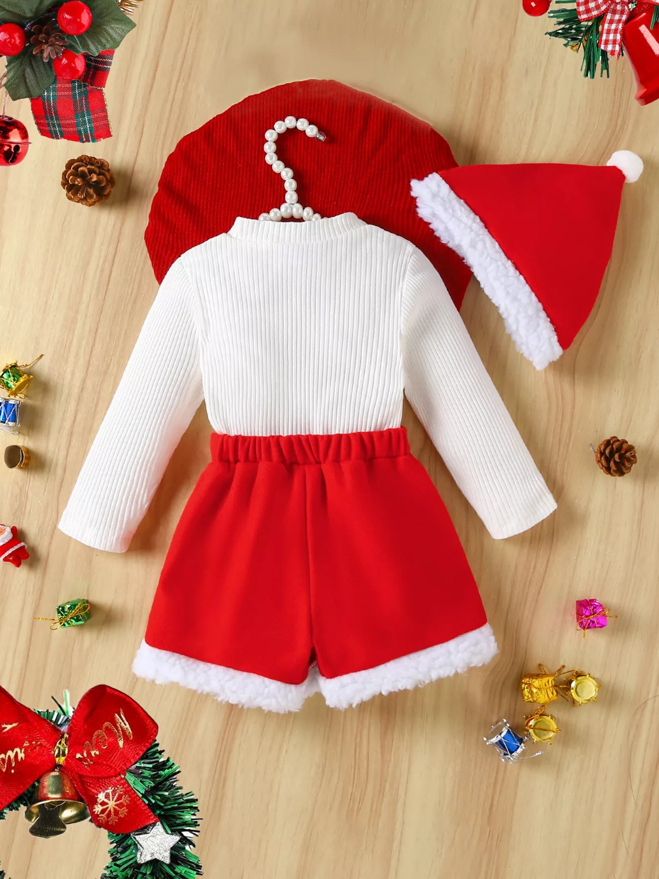 Toddler Christmas skirt set with Santa hat and pearl button details