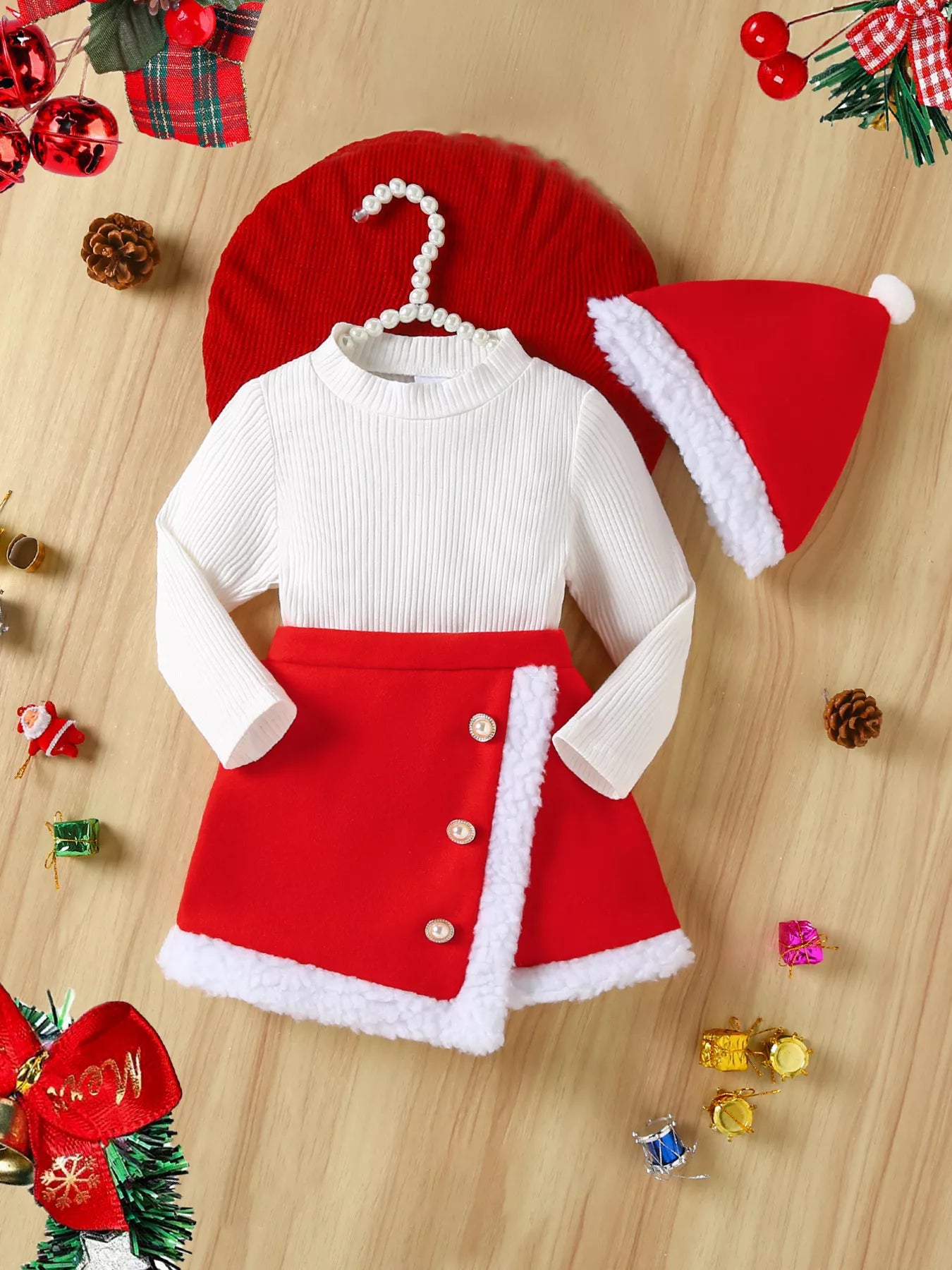 Toddler Christmas skirt set with Santa hat and pearl button details