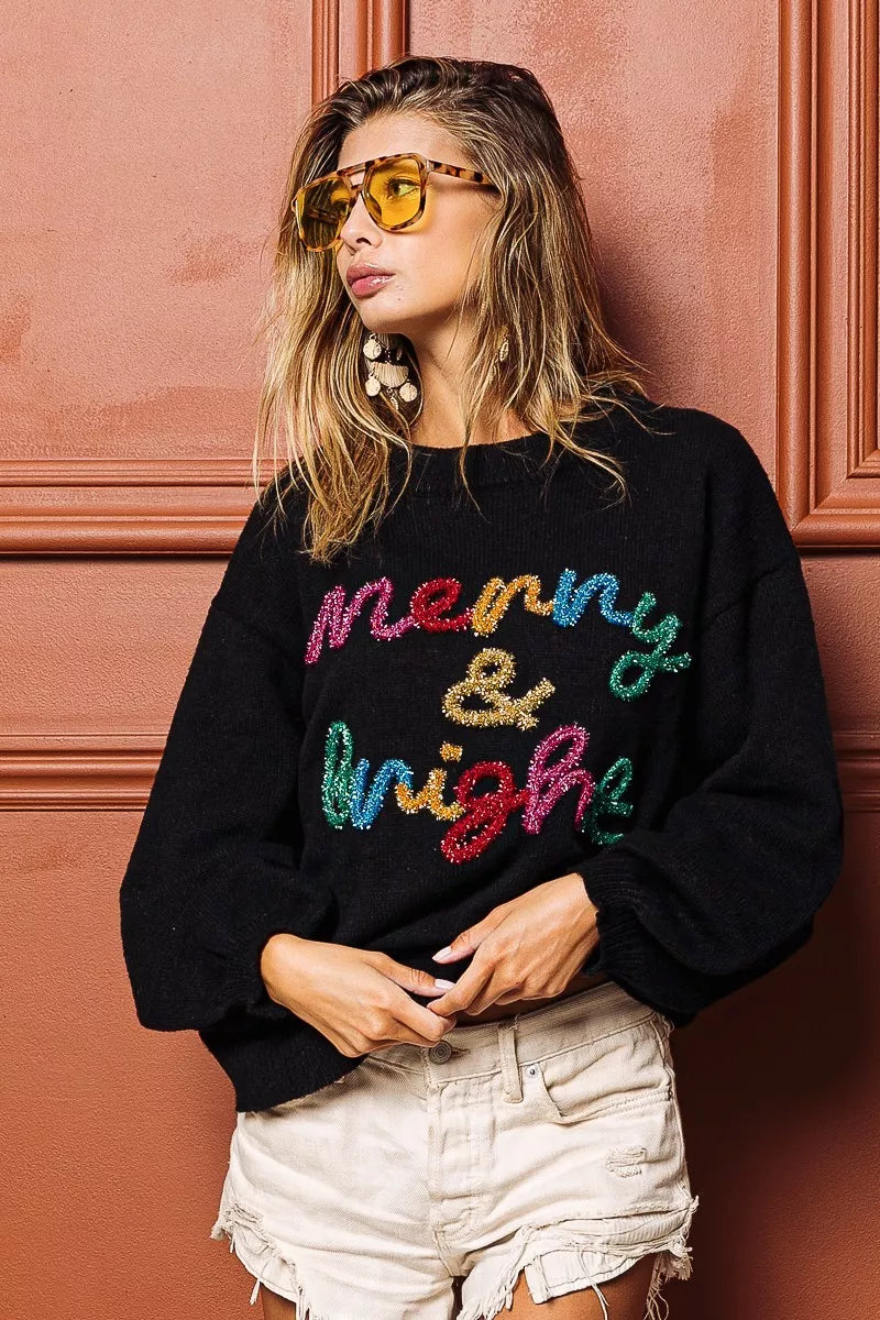 Festive tinsel lettering Christmas sweater in black with multicolor script