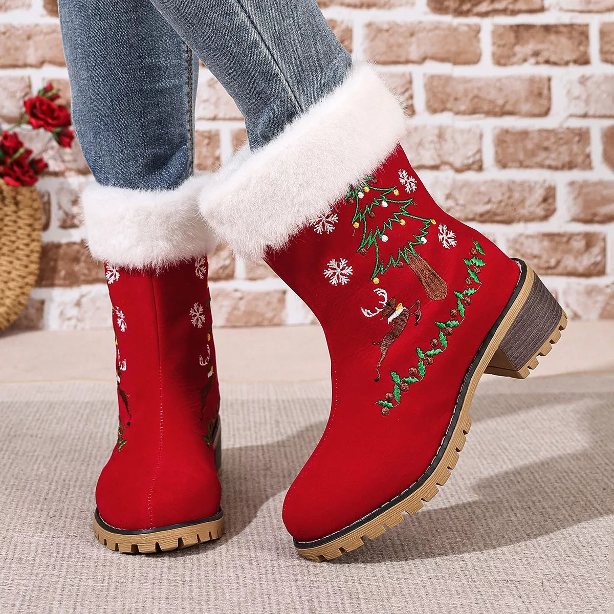 Red suede Christmas boots with faux-fur cuffs, embroidered reindeer, Christmas trees, holly, and snowflakes.