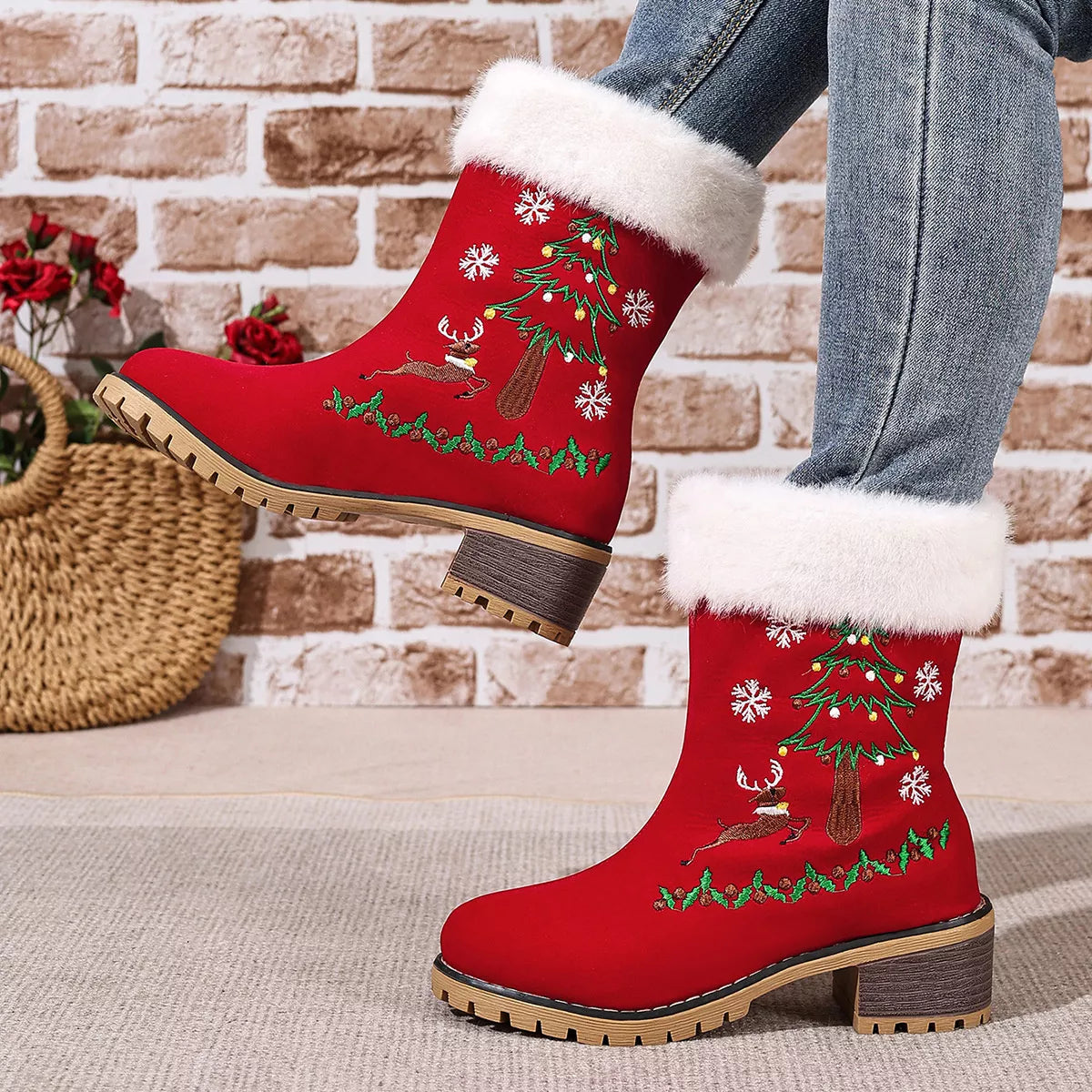 Red suede Christmas boots with faux-fur cuffs, embroidered reindeer, Christmas trees, holly, and snowflakes.