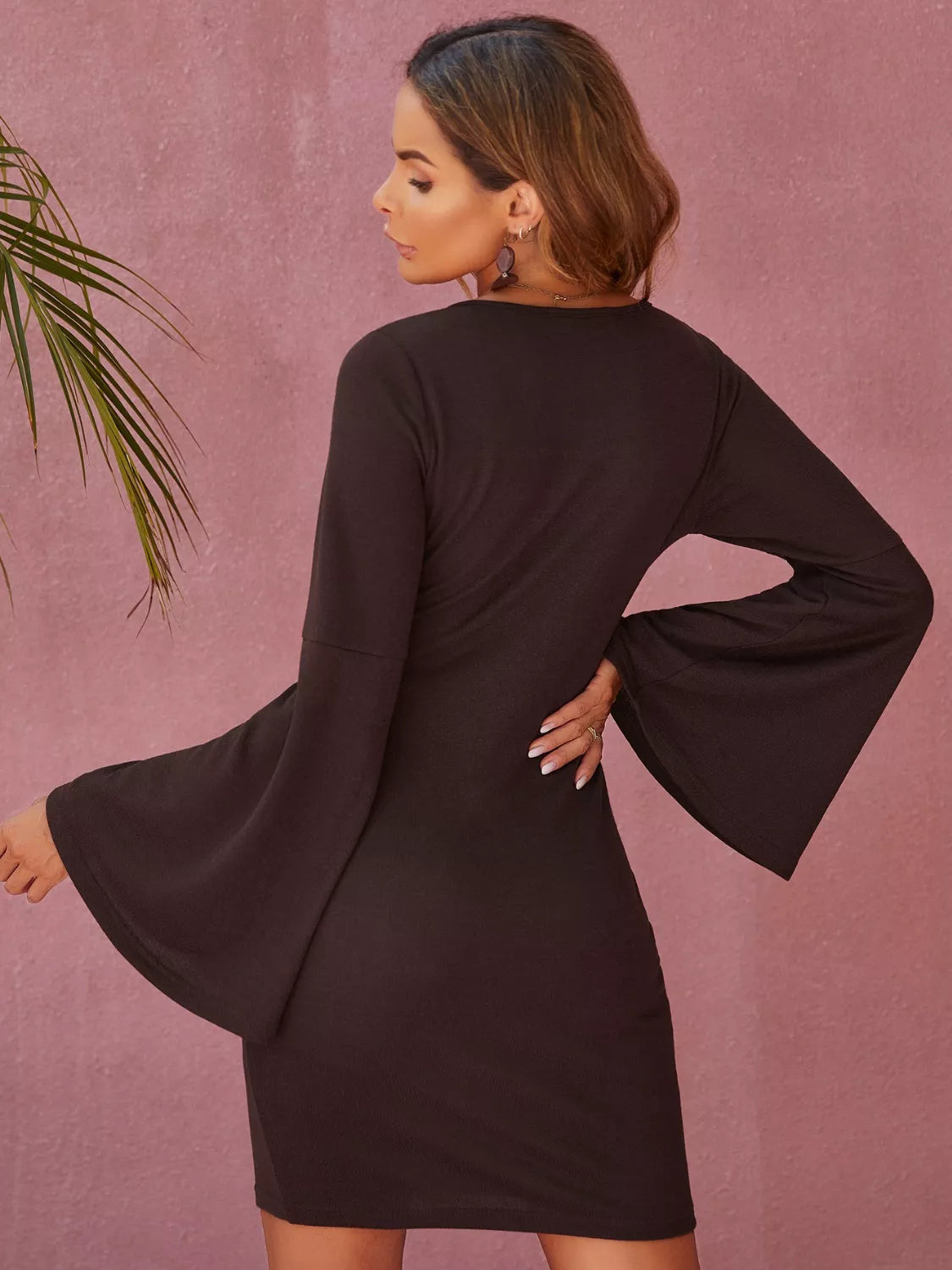 Western-style mocha bodycon dress with button neckline