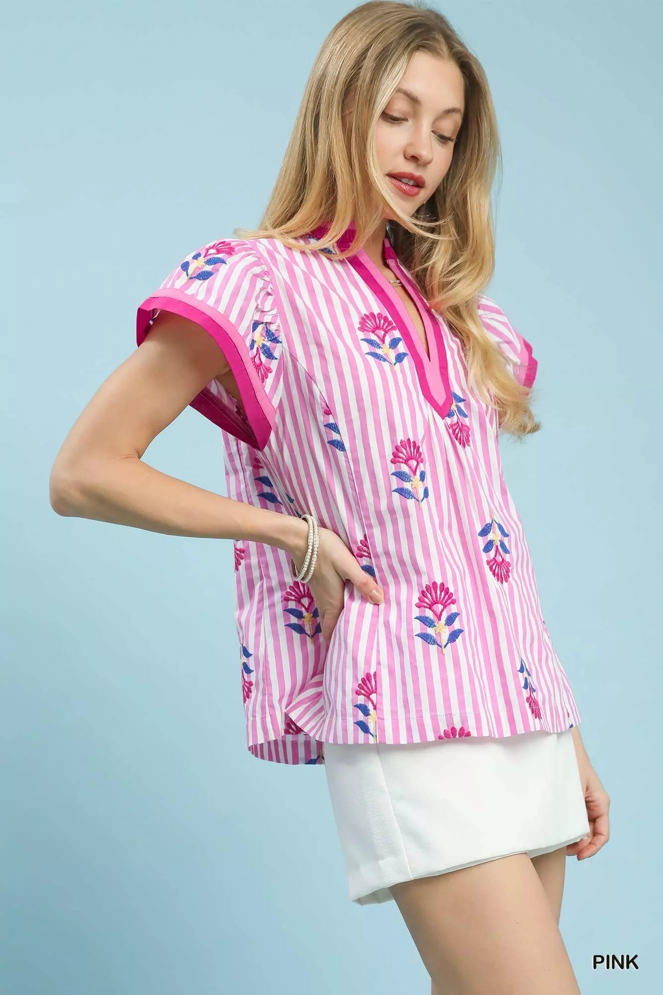 Floral embroidered striped blouse with flutter sleeves